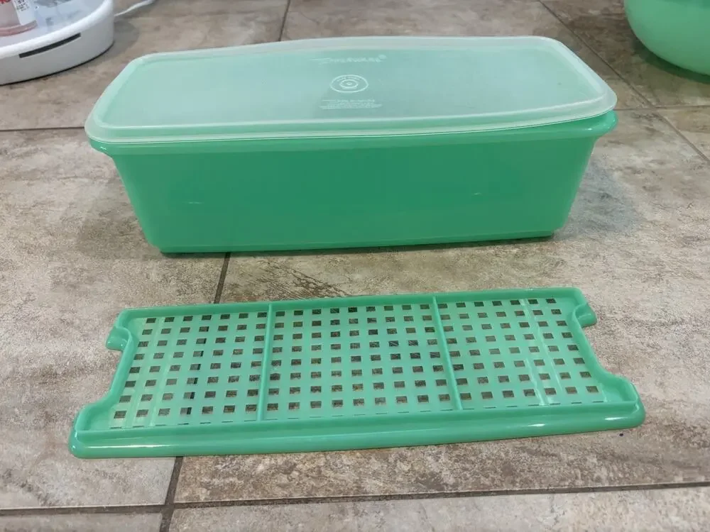 Vintage Tupperware Refrigerator Vegetable Keeper Container Lid & Lift Tray Green